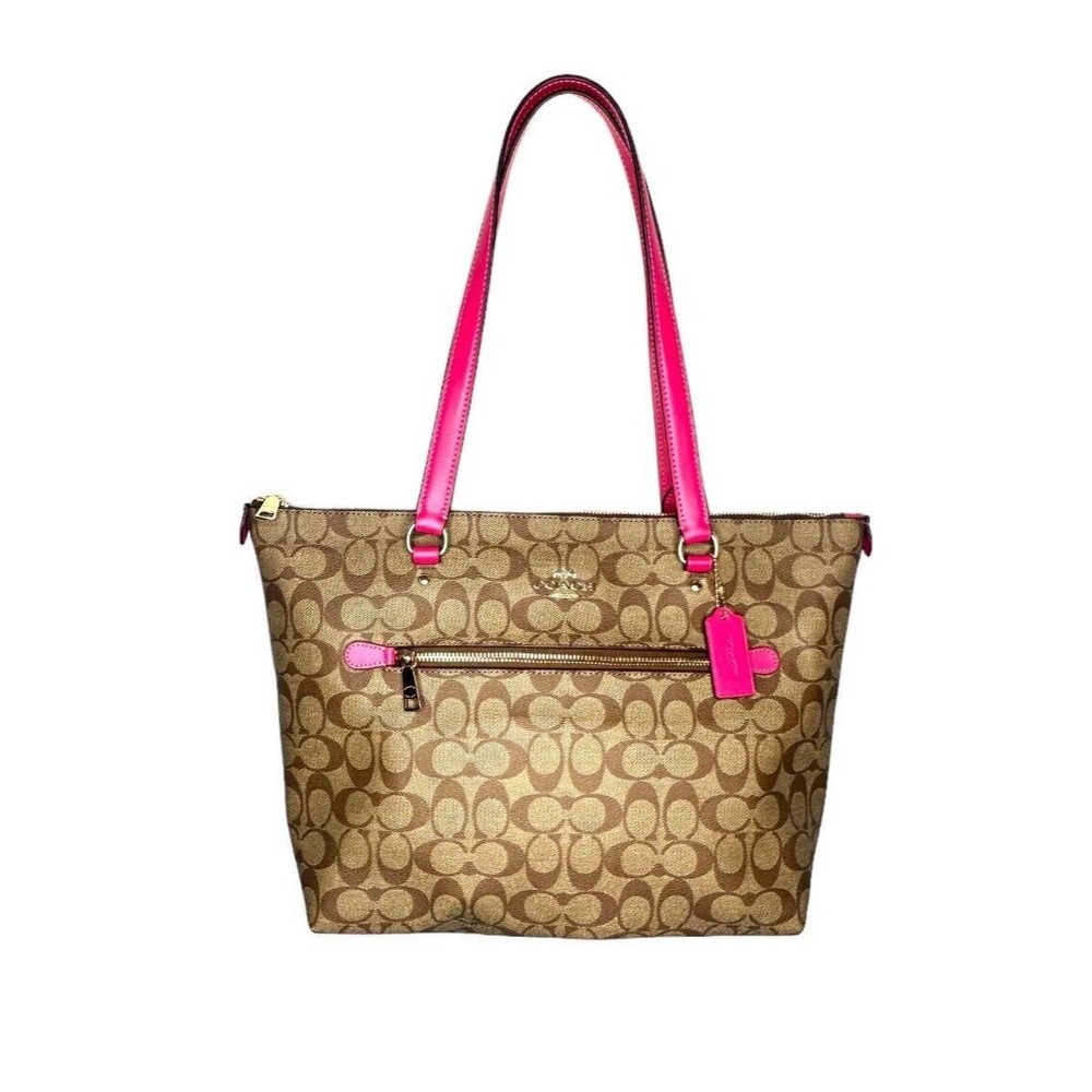 COACH Signature Canvas GALLERY TOTE Shoulder Shopper Bag~KHAKI BOLD HOT PINK